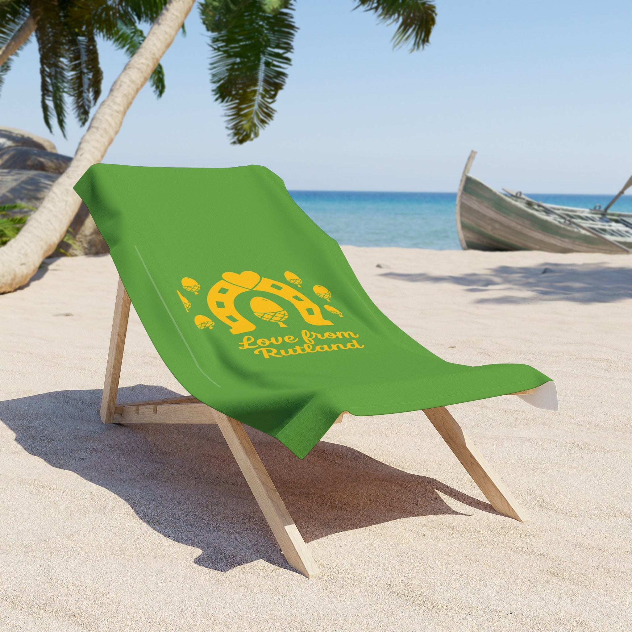 Classic Logo Green Beach Towel - 'Love from Rutland', Perfect for Summer Fun, Vacation Essentials, Pool Days, Coastal Decor, Gift Idea