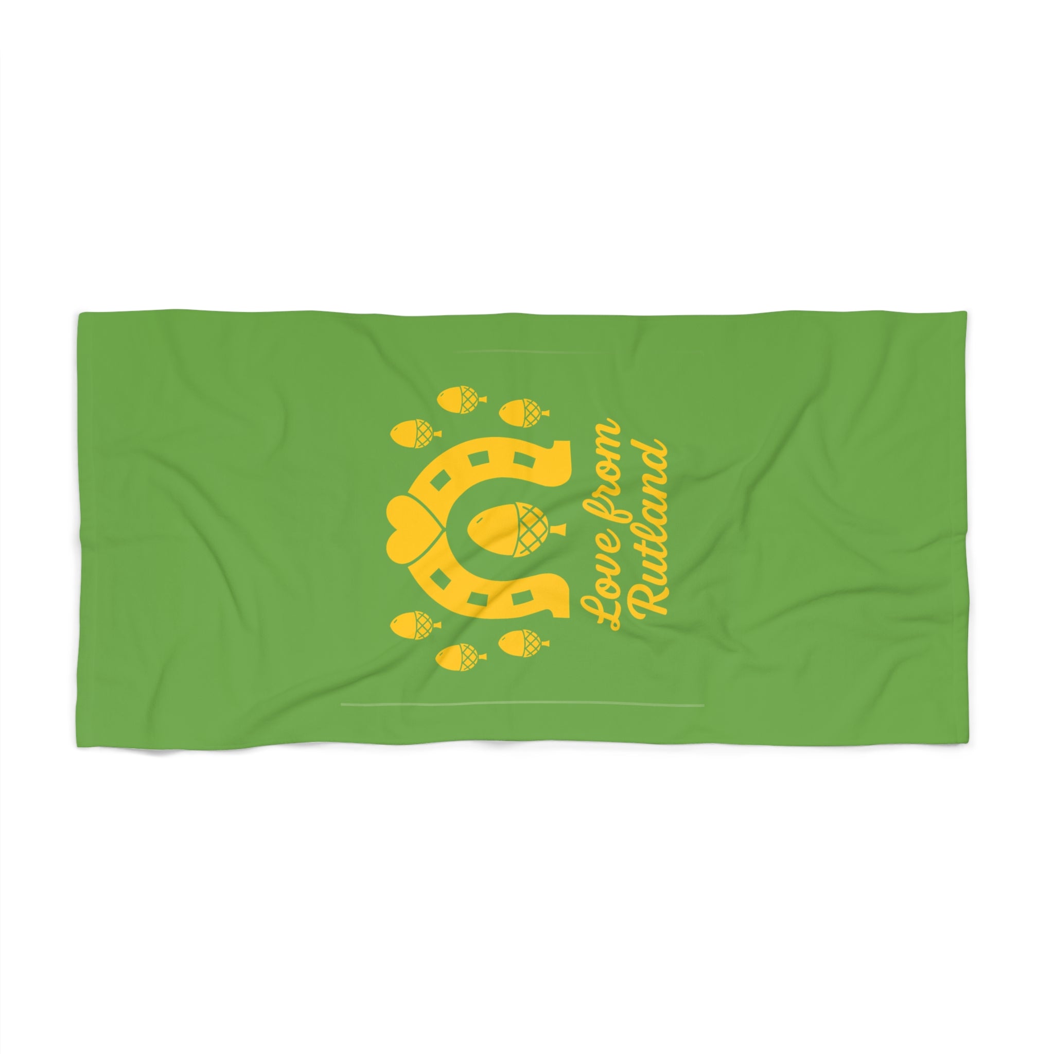 Classic Logo Green Beach Towel - 'Love from Rutland', Perfect for Summer Fun, Vacation Essentials, Pool Days, Coastal Decor, Gift Idea
